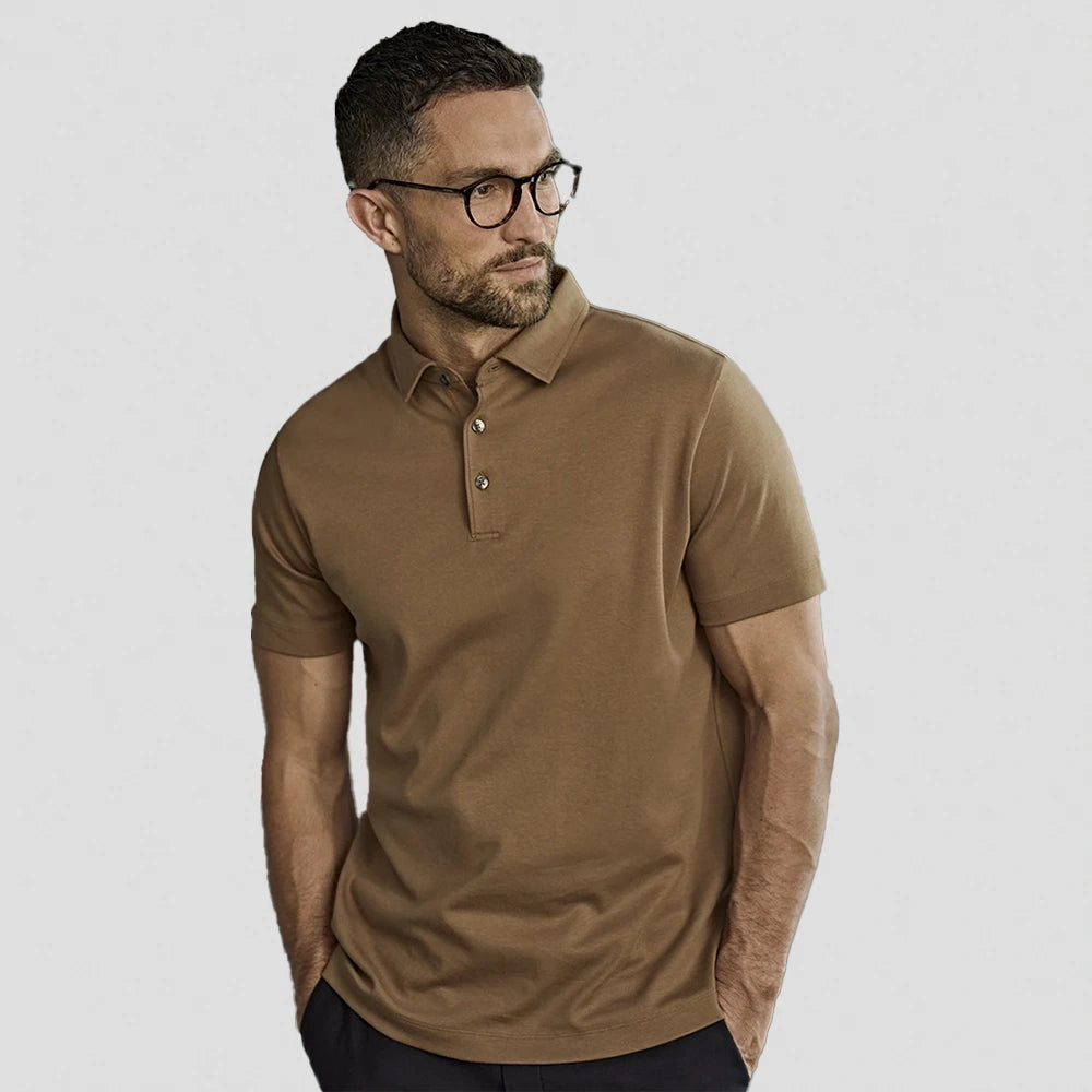 model wearing Pima Cotton Interlock Polo Shirt in wood colour