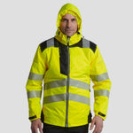 Model wearing the PW3 Hi-Vis Winter Jacket T400 in Yellow.