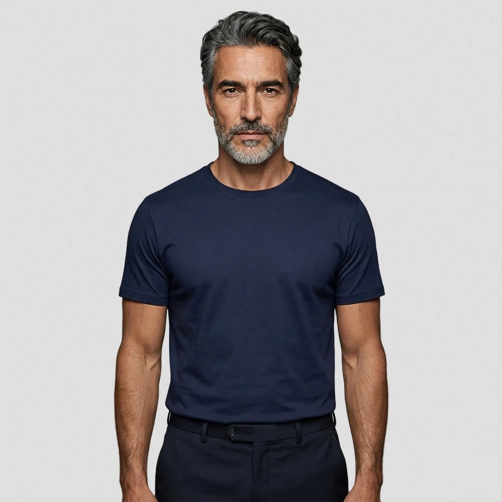 model wearing navy Luxury Cotton T-Shirt
