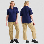 full front and back view of french navy Deluxe Poloshirt UC108 worn by model