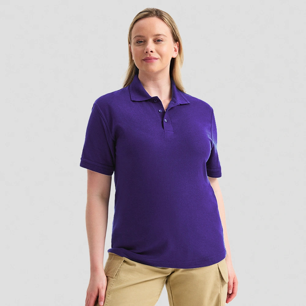 Model wearing purple Deluxe Poloshirt (Colours) UC108