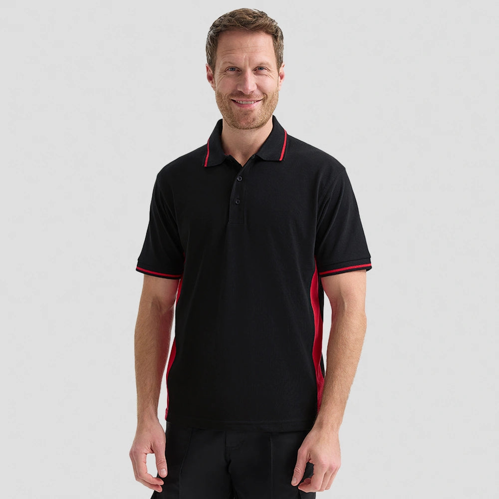 model wearing Uneek Two Tone Polo Shirt UC117
