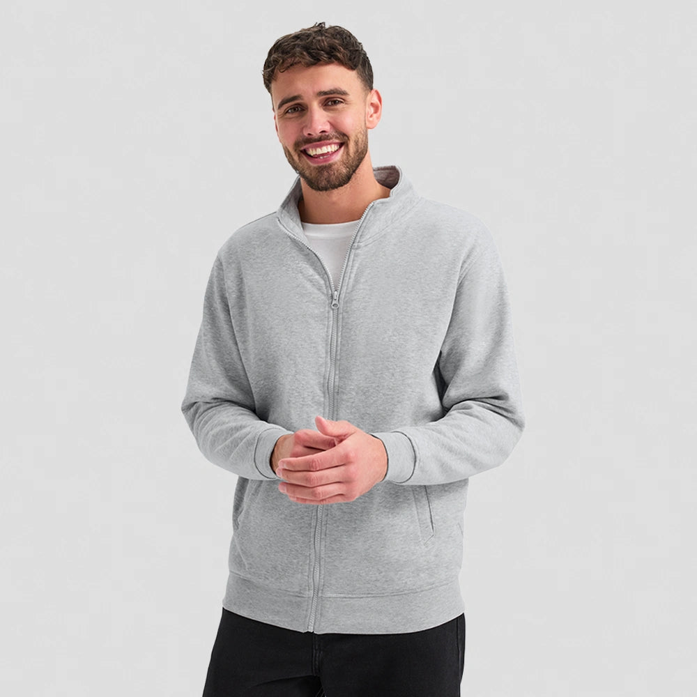 model wearing Uneek Deluxe Unisex Sweat Jacket UC212 heather grey