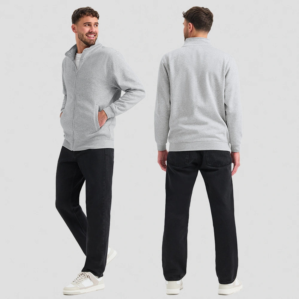 full front and back views of model wearing Uneek Deluxe Unisex Sweat Jacket UC212