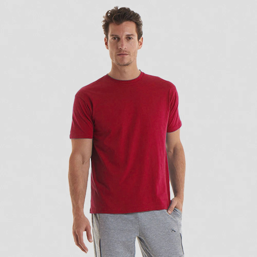 male model wearing Classic T-shirt (Red, Orange, Yellow) UC301 in red