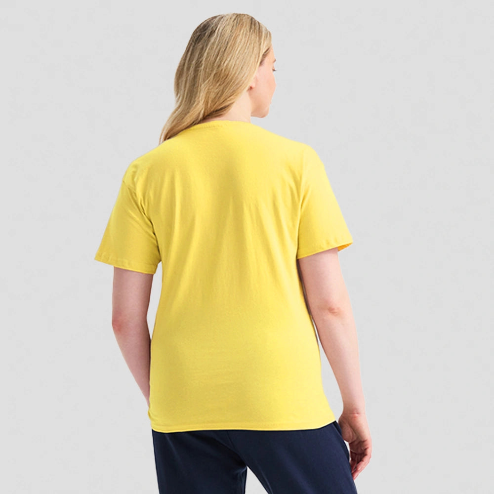 back view of female model wearing Classic T-shirt (Red, Orange, Yellow) UC301 in yellow