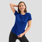 model wearing Uneek Ladies Ultra Cool T Shirt UC316 in royal blue