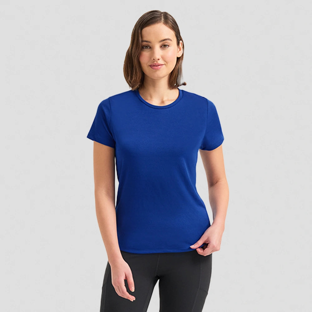 front view of model wearing Uneek Ladies Ultra Cool T Shirt UC316 in royal blue