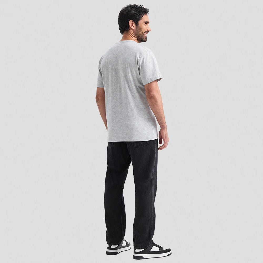 full back view of model wearing Uneek Classic V Neck T-shirt UC317 in heather grey