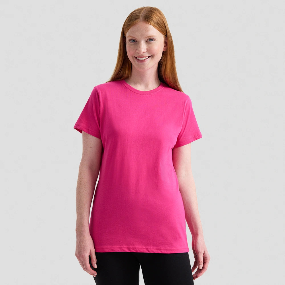model wearing Uneek Ladies Classic T-Shirt UC318 in hot pink