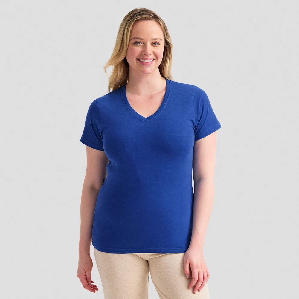Woman wearing a blue t-shirt on a gray background