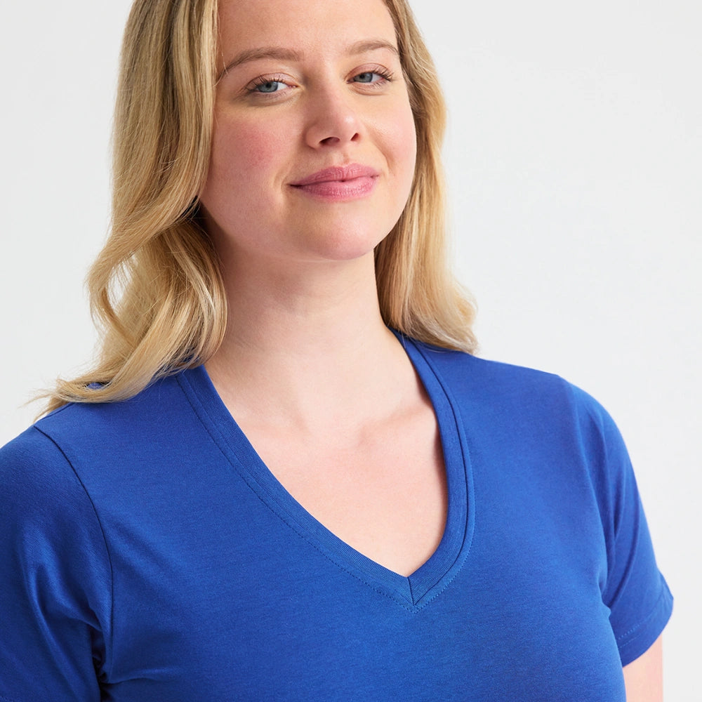 close up of model wearing Uneek Ladies Classic V-Neck T-Shirt UC319