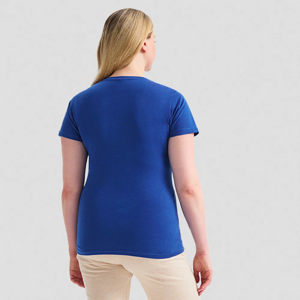 back view of model wearing Uneek Ladies Classic V-Neck T-Shirt UC319