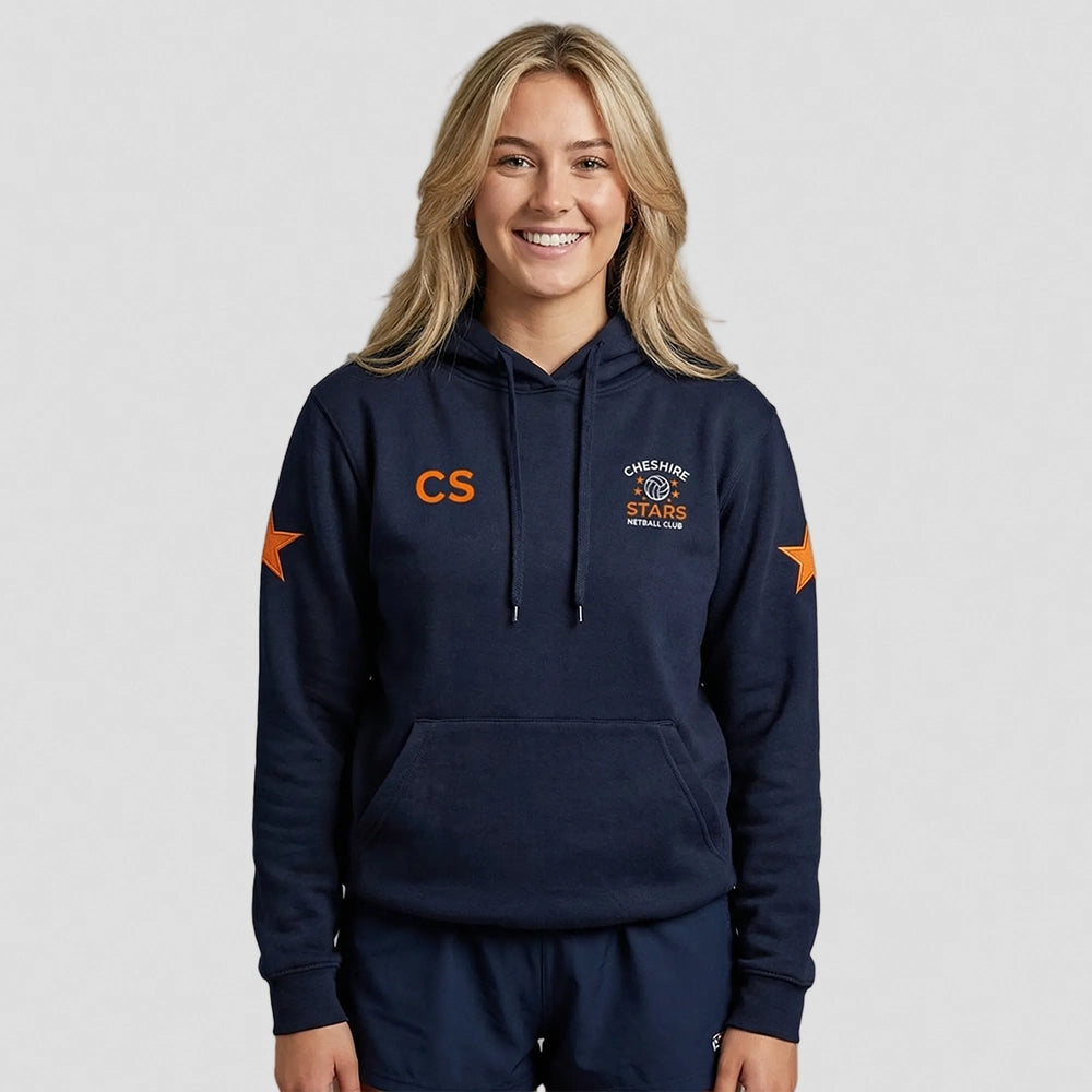 model wearing Cheshire Stars Netball Club Hoodie – Adults