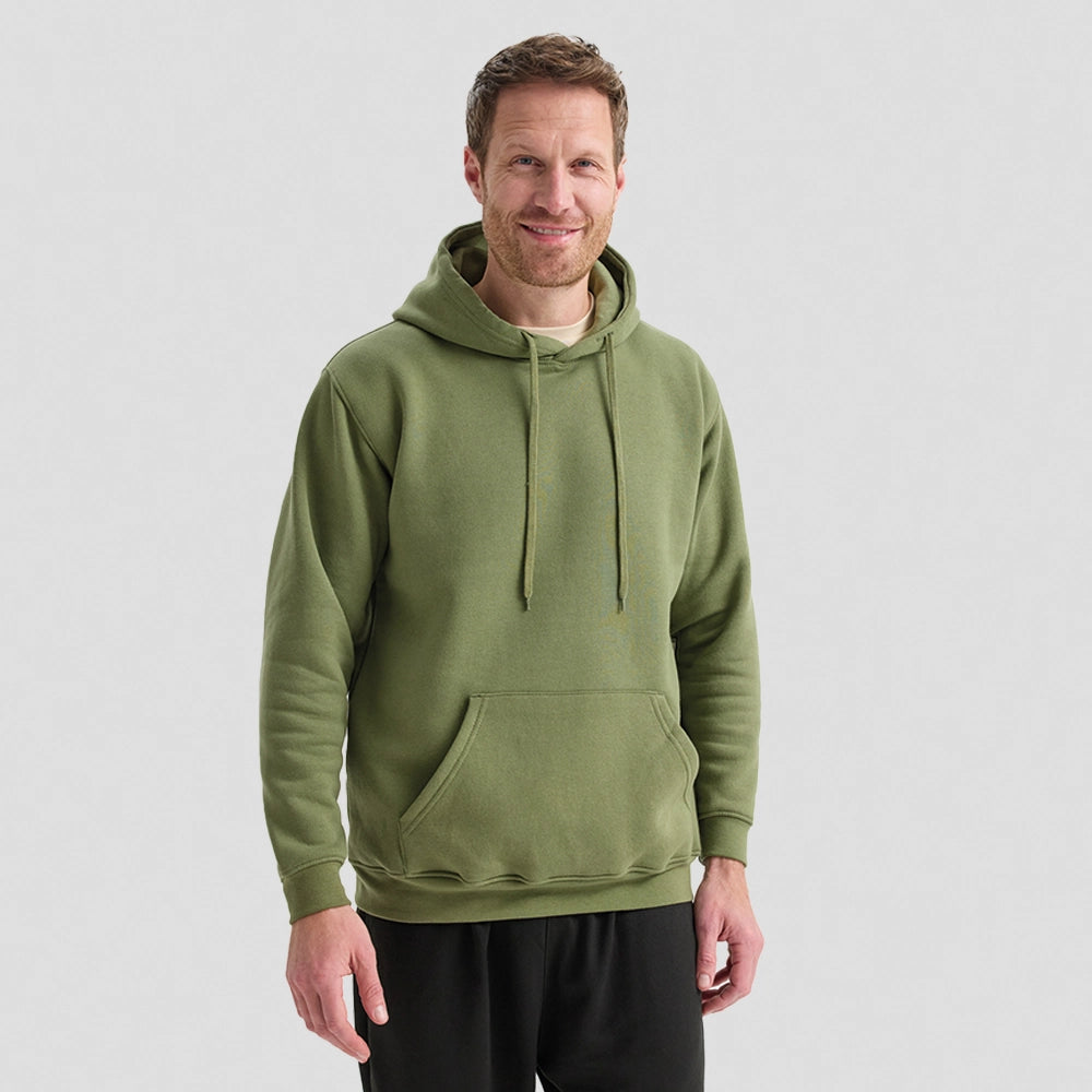 Man wearing a green Classic Hooded Sweatshirt UC502 on a light grey background