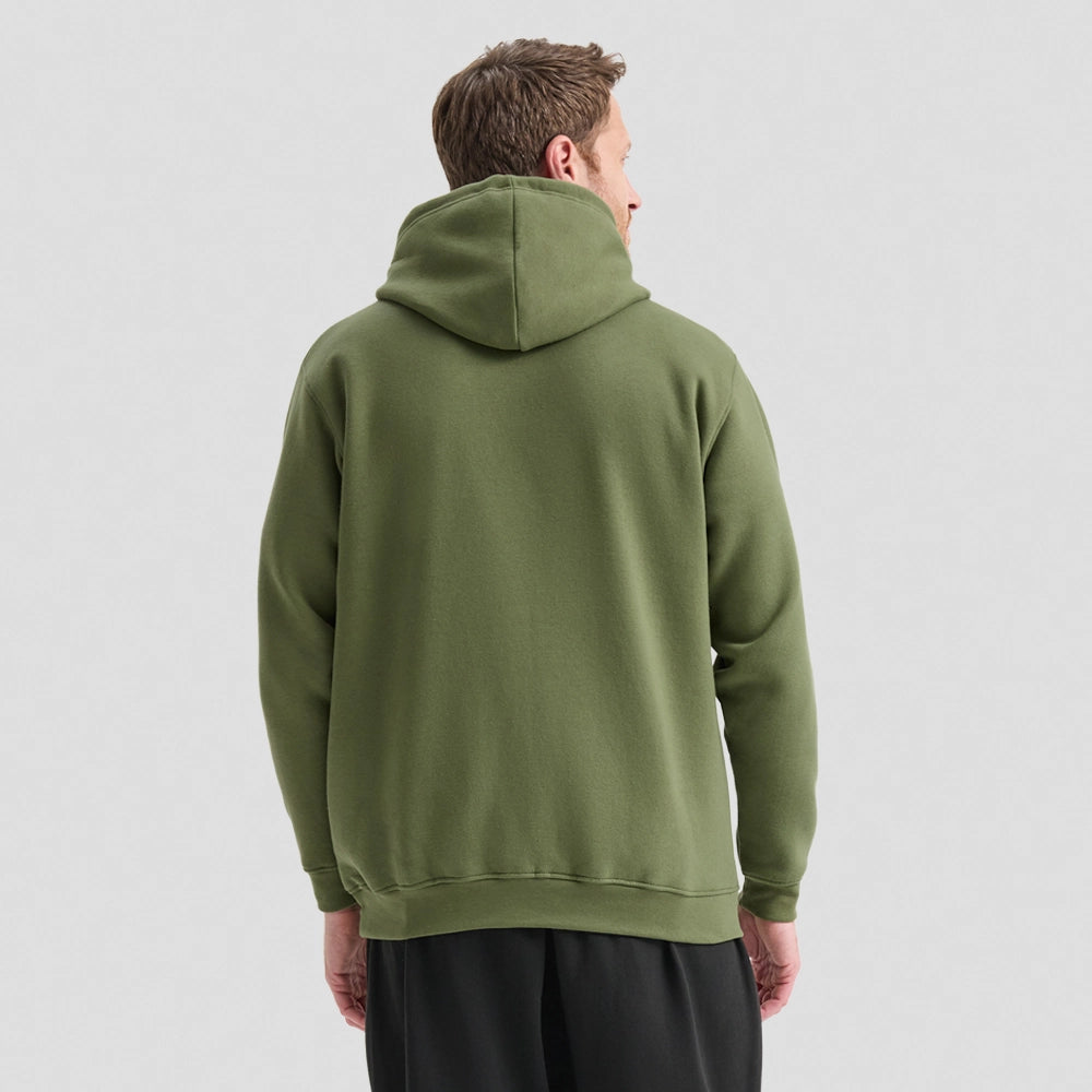 Person wearing a green Classic Hooded Sweatshirt UC502 from behind on a light background