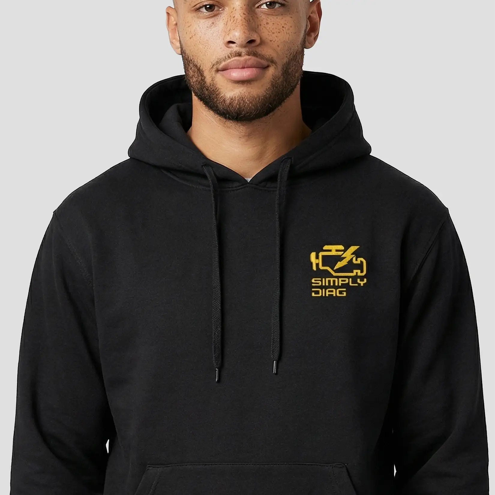 Closeup of Model wearing the SimplyDiag Network Classic Hoodie UC502