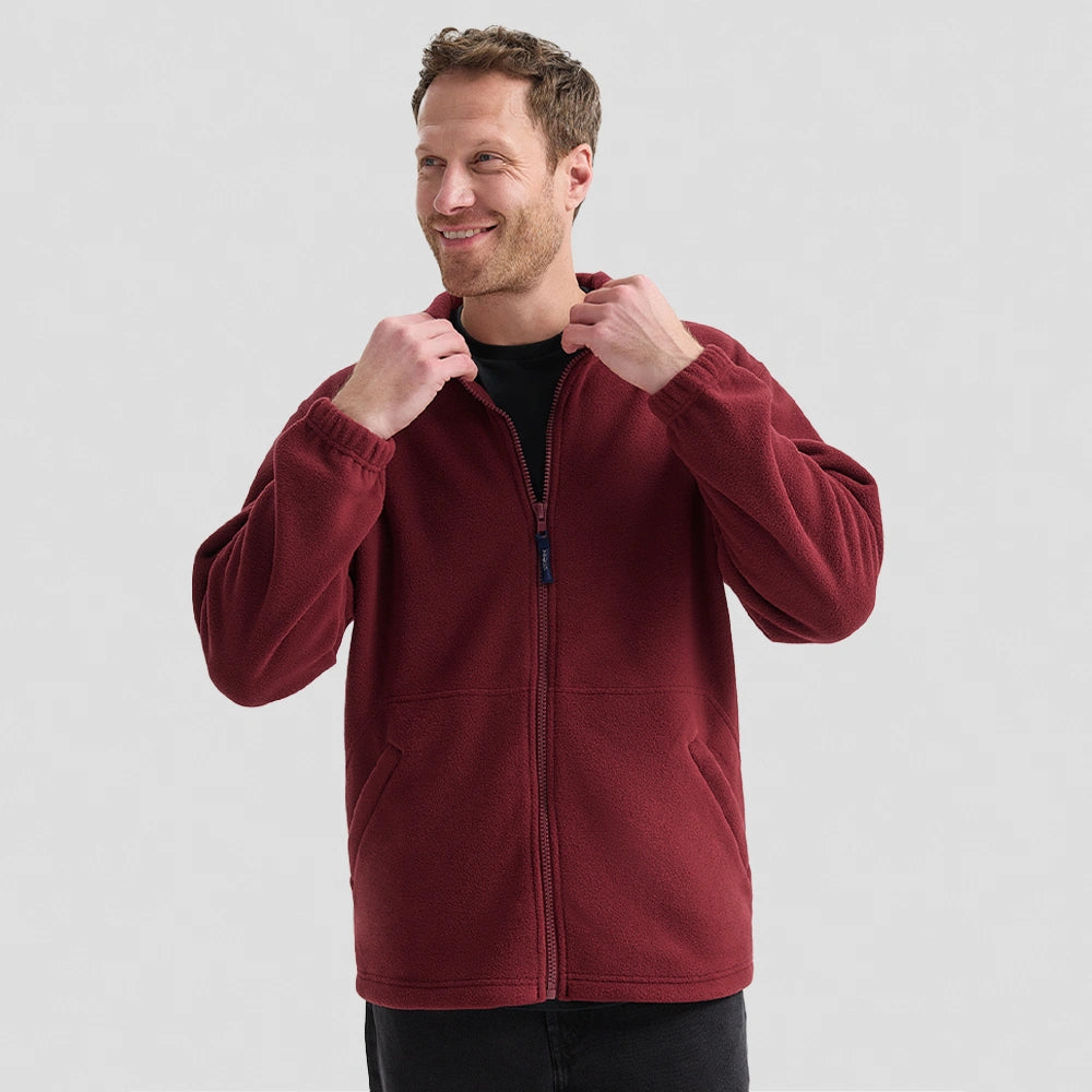 model wearing Uneek Classic Full Zip Fleece Jacket UC604 in maroon