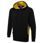 Black Uneek Two Tone Hooded Sweatshirt UC517 with yellow lining on a white background