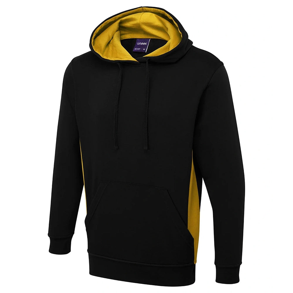 Black Uneek Two Tone Hooded Sweatshirt UC517 with yellow lining on a white background