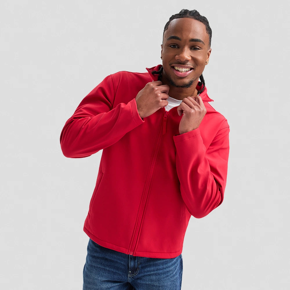 model wearing red The UX Printable Soft Shell Jacket UX10