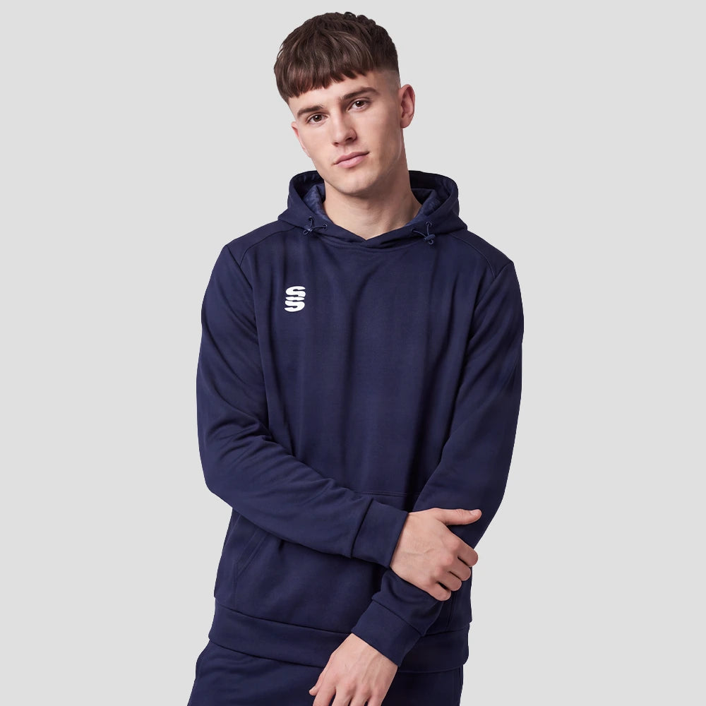 Model wearing the Surridge Sport VOLT Hoodie in Navy.