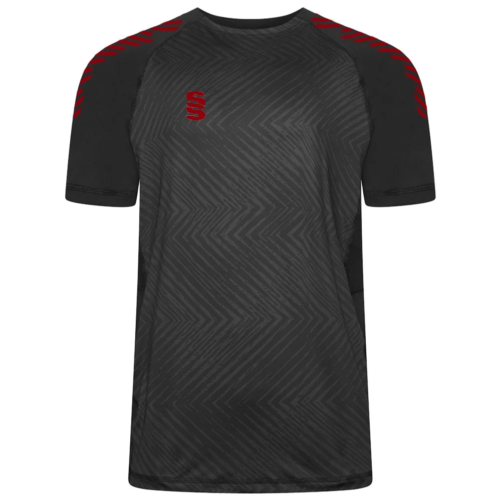 Surridge Sport Volt T-Shirt Female in Black with Maroon Diagonal Trim.