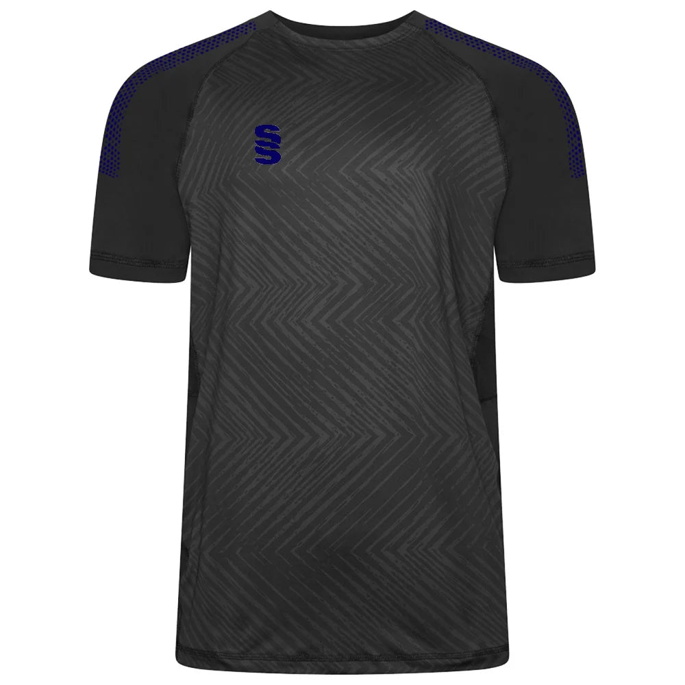 Surridge Sport Volt T-Shirt in Black with Navy Dots Trim and Navy SS logo.