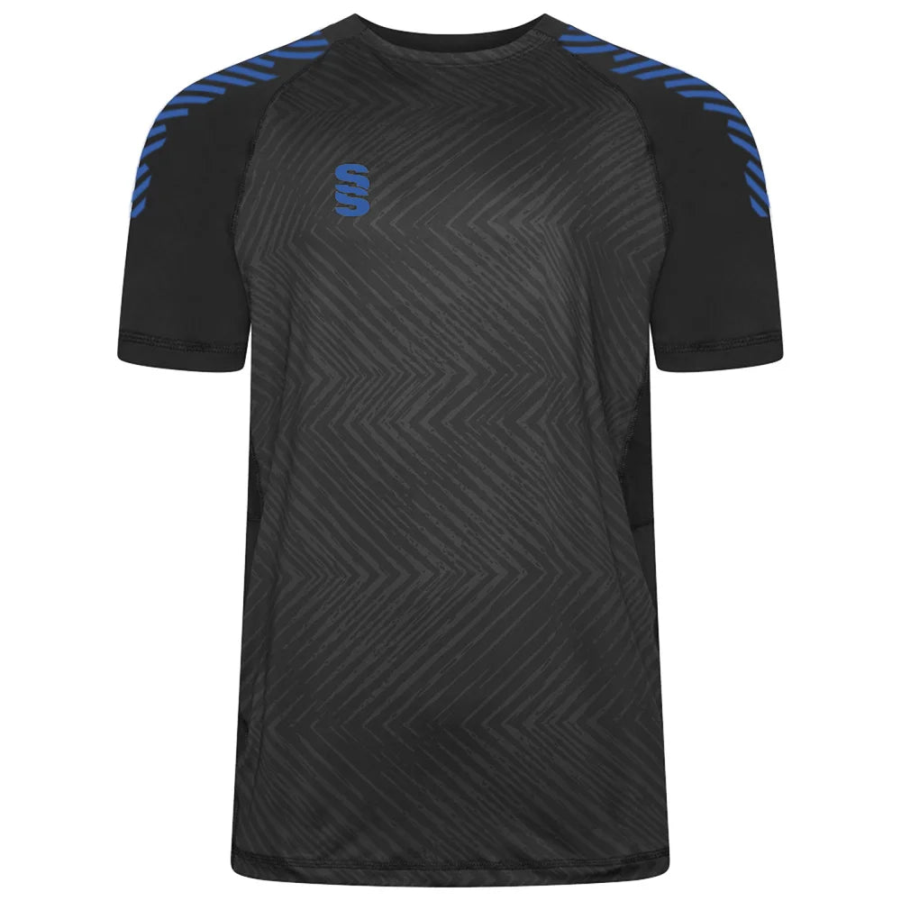 Surridge Sport Volt T-Shirt Female in Black with Royal Diagonal Trim.