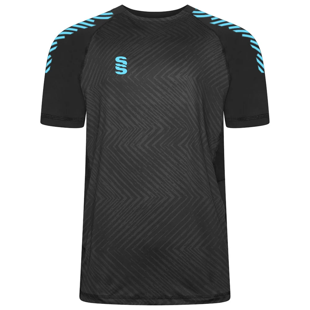 Surridge Sport Volt T-Shirt in Black with Sky Diagonal Trim.
