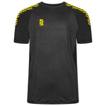 Surridge Sport Volt T-Shirt Female in Black with Yellow Diagonal Trim.