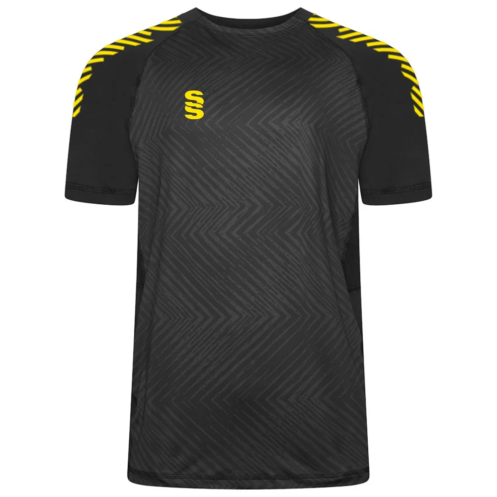 Surridge Sport Volt T-Shirt Female in Black with Yellow Diagonal Trim.