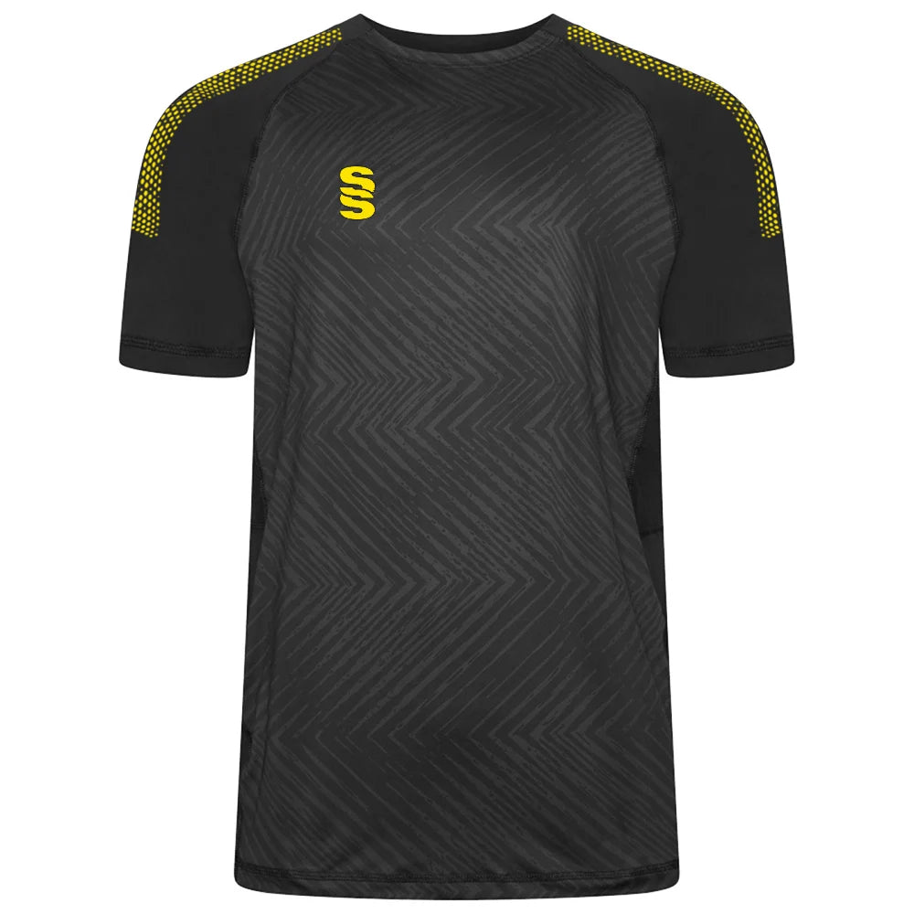 Surridge Sport Volt T-Shirt in Black with Yellow Dots Trim and SS logo.