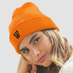Model wearing the Winsford ASC Cuffed Beanie (Orange) BB45