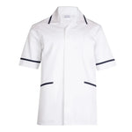 White nurse tunic with black trim on a white background