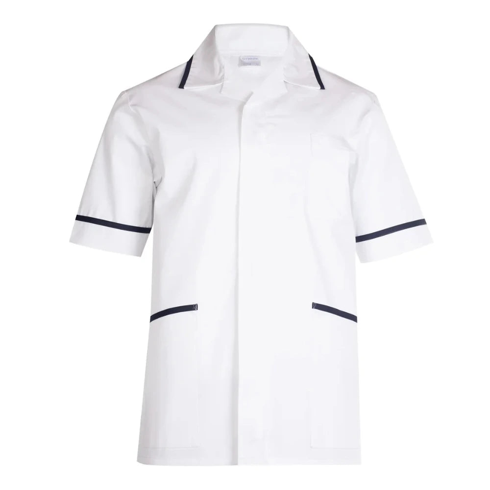 White nurse tunic with black trim on a white background