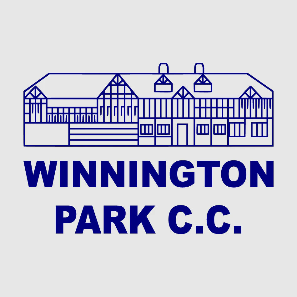 Winnington Park Cricket Club logo, blue line drawing of a traditional clubhouse building with bold uppercase text reading Winnington Park C.C, representing the official branding for Winnington Park Cricket Club kits and cricket merchandise, based in Cheshire.
