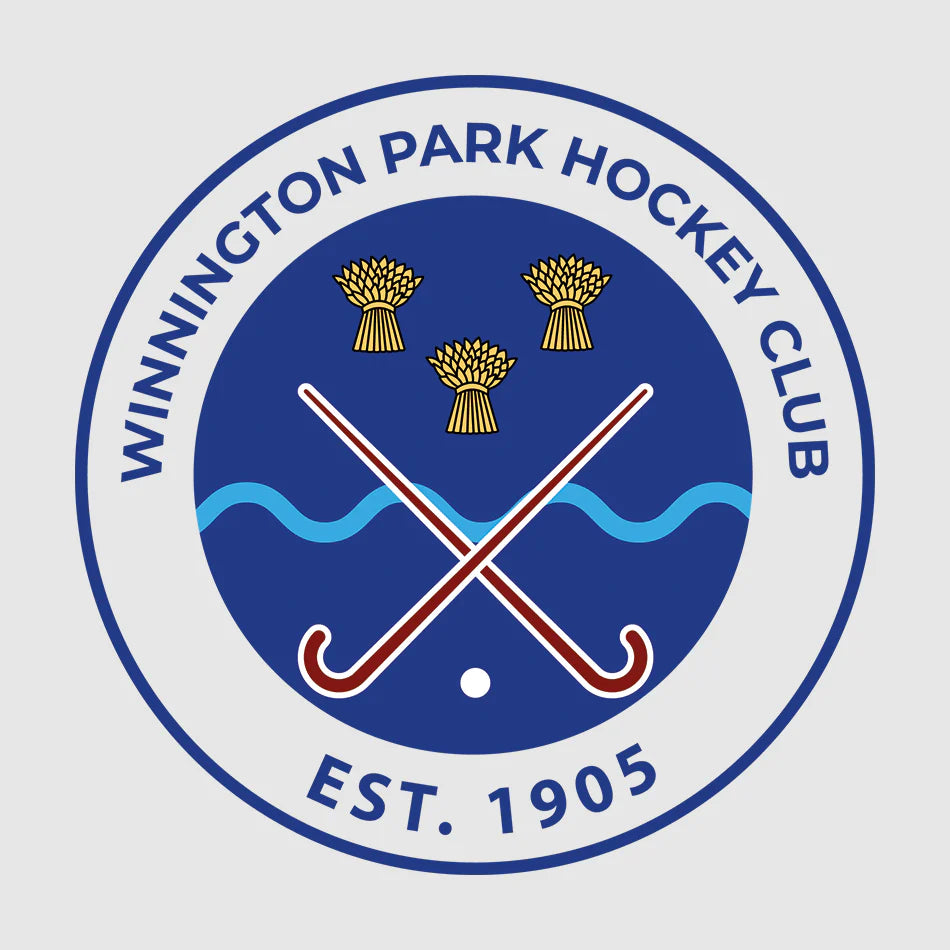 Winnington Park Hockey Club logo, circular blue and white badge featuring crossed red hockey sticks, a wavy blue line and three golden wheatsheaves, representing the official branding for the kits of Winnington Park Hockey Club in Cheshire.