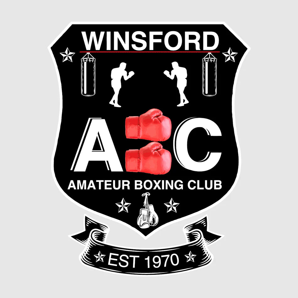 Winsford Amateur Boxing Club logo, black and white shield design with red boxing gloves in the centre, white silhouettes of boxers, hanging punch bags and a ribbon banner reading Est 1970, representing the official branding for Winsford Amateur Boxing Club in Cheshire with boxing kits and club apparel supplied by Buccaneer Group through their official club shop.