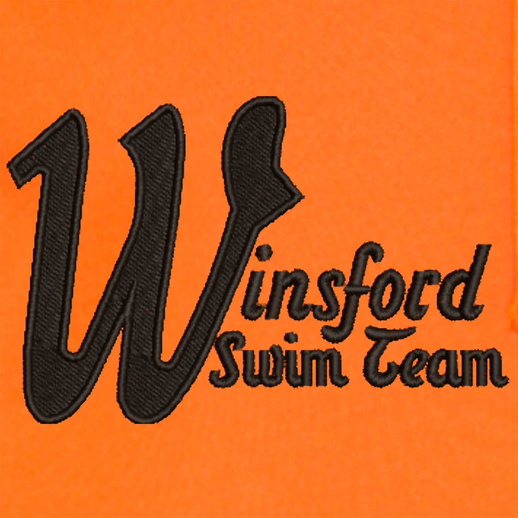 Winsford Swim Team embroidered logo in black on orange fabric.