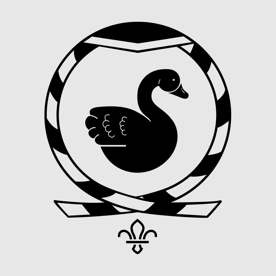 Wistaston Scout Group logo, black and white circular design featuring a stylised swan within a rope border and a fleur de lis symbol beneath, representing the official branding for Cheshire Wistaston Scouts uniforms.