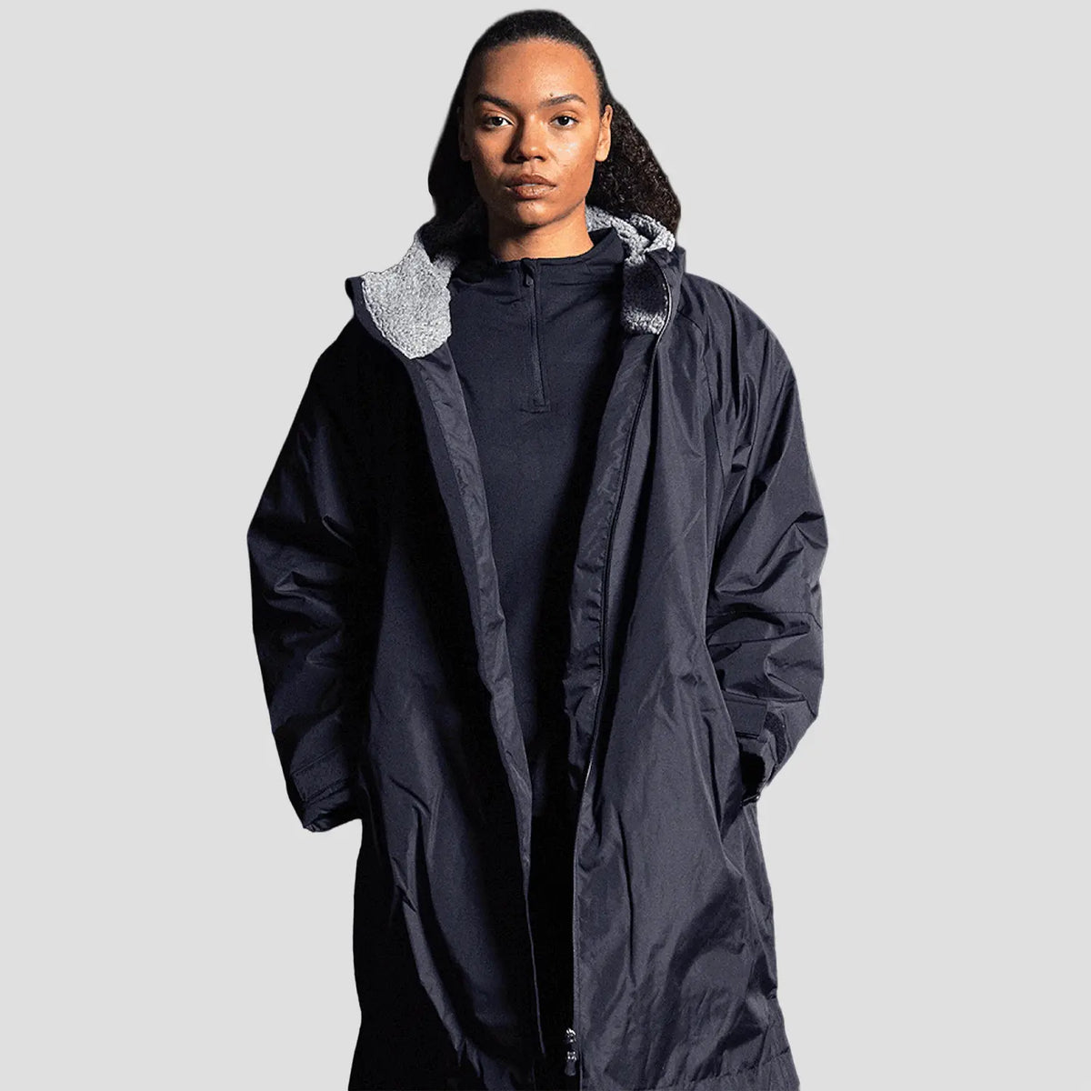 Model wearing the Stuart Surridge Fleece Robe Jacket - Navy.