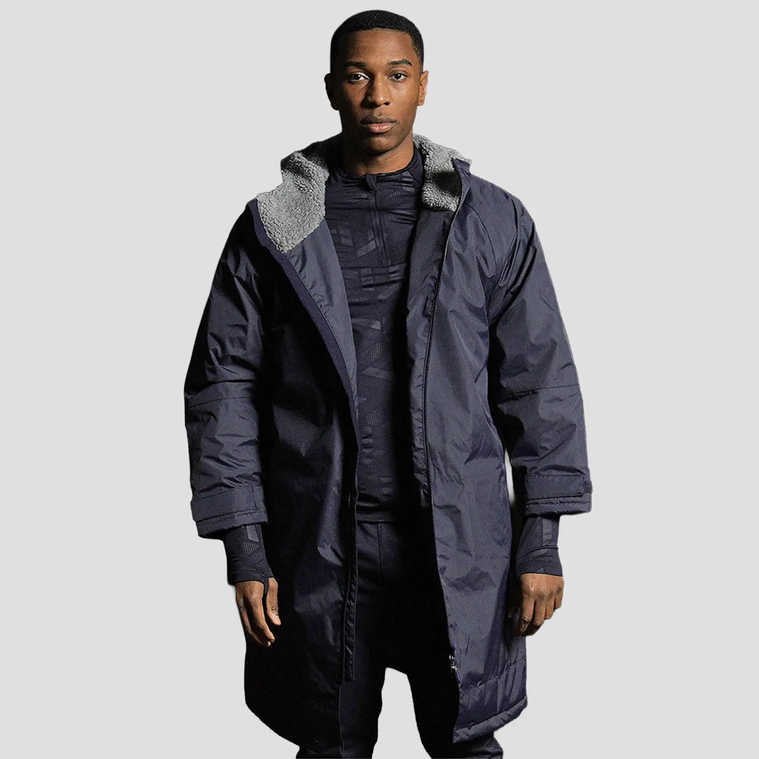 Model wearing the Stuart Surridge Fleece Robe Jacket - Navy.