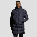 Model wearing the Stuart Surridge Active Long Padded Coat WL005 in Navy.