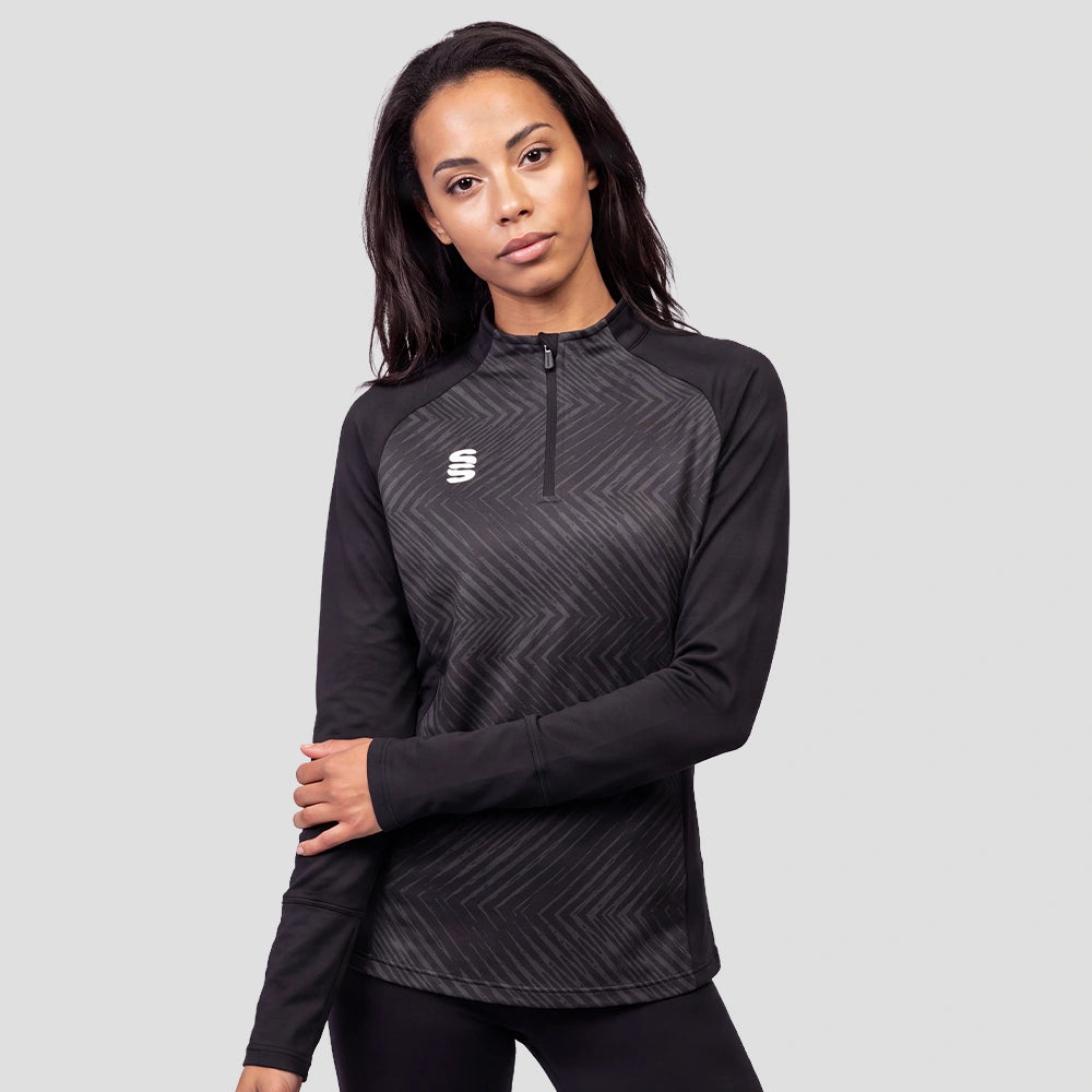 Model wearing the Women's Volt 1/4 Zip Performance Top in Black.