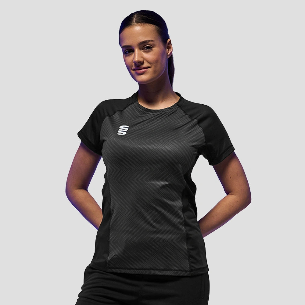 Model wearing the Surridge Sport Women's Volt T-Shirt in Black.