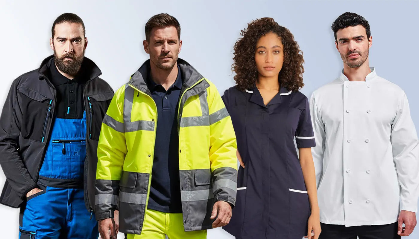 4 professionals wearing Buccaneer Group workwear including hi visibility, nurse tunics, chefs jacket, softshells and overalls