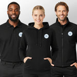 Three people wearing black shirts and jackets with customizable logos on a gray background