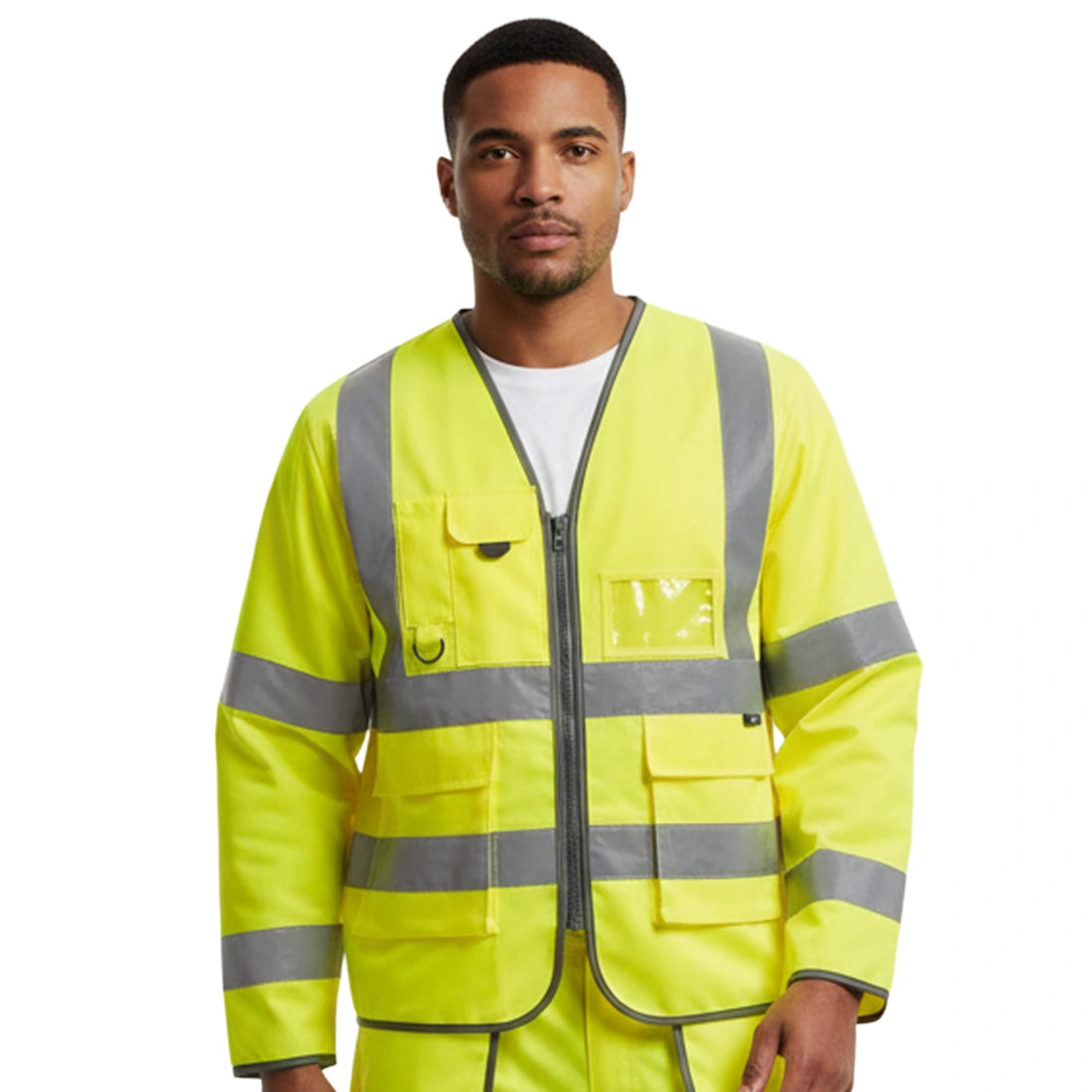 Model wearing the Leo Wrafton EcoViz Sleeved Waistcoat in yellow