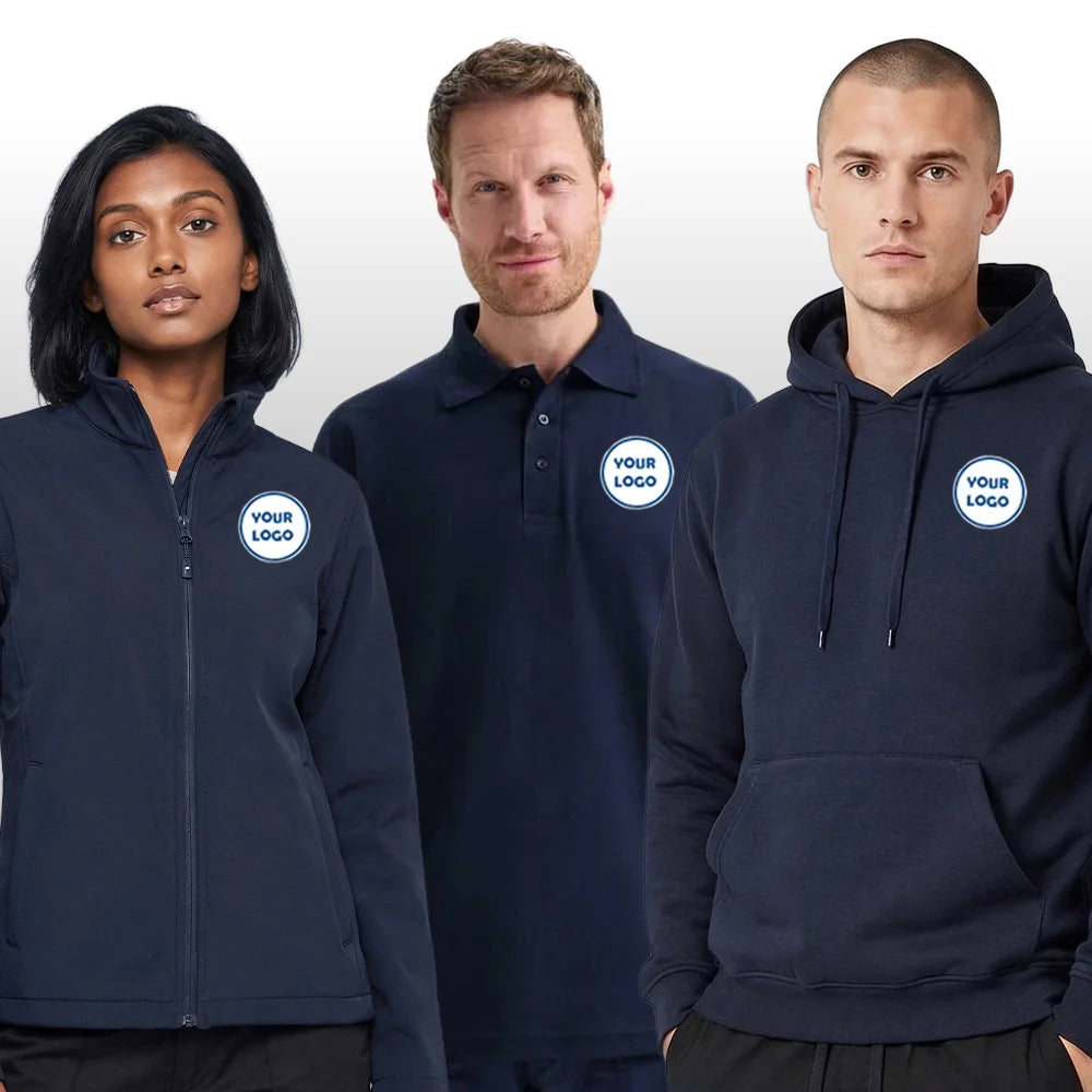 Three people wearing navy shirts and jackets with customizable logos on a gray background
